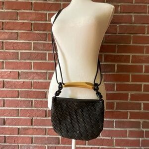 Walter Baker Hazel Black Woven Leather Crossbody Gold Handle Bag